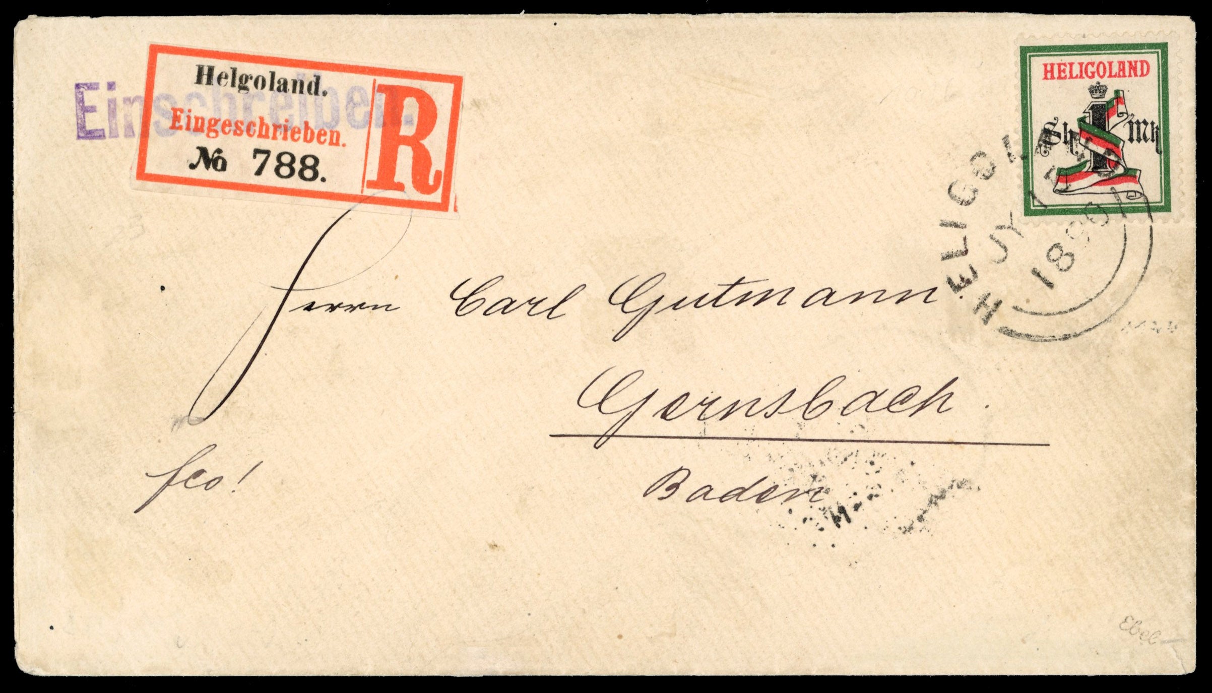 Heligoland SG 18 1890 registered cover to Baden with 1875-90 1m (1s)