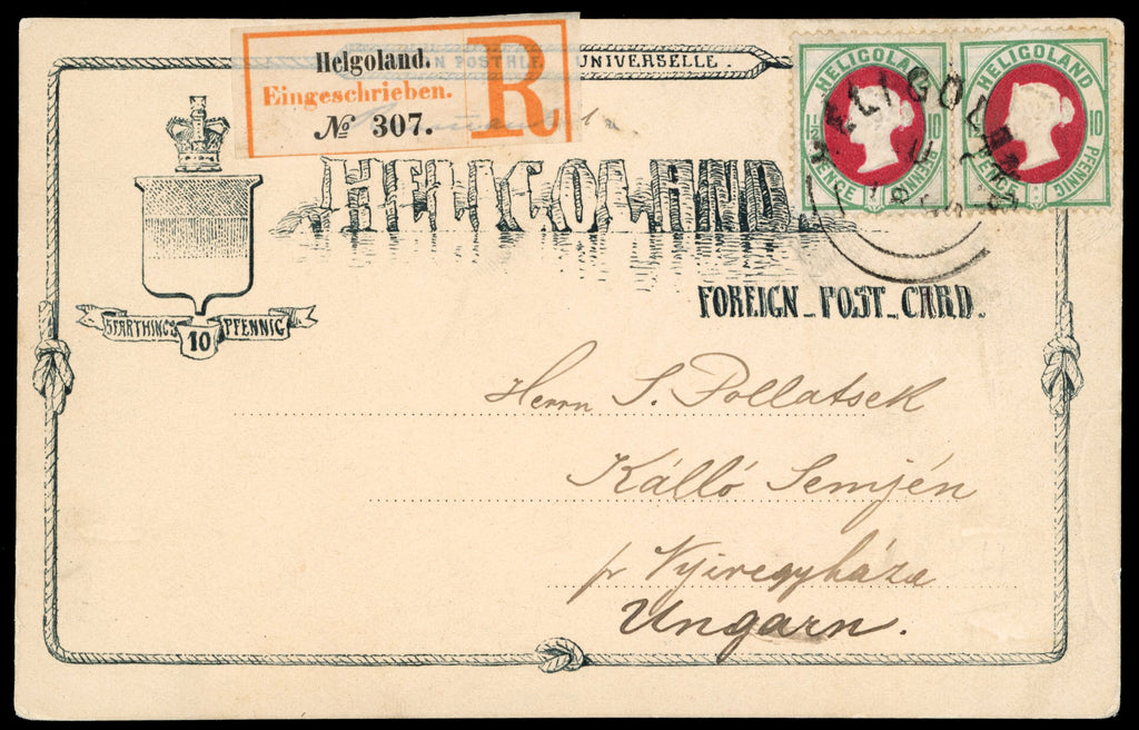 Heligoland SG 14 1890 10pf black postcard sent registered to Hungary