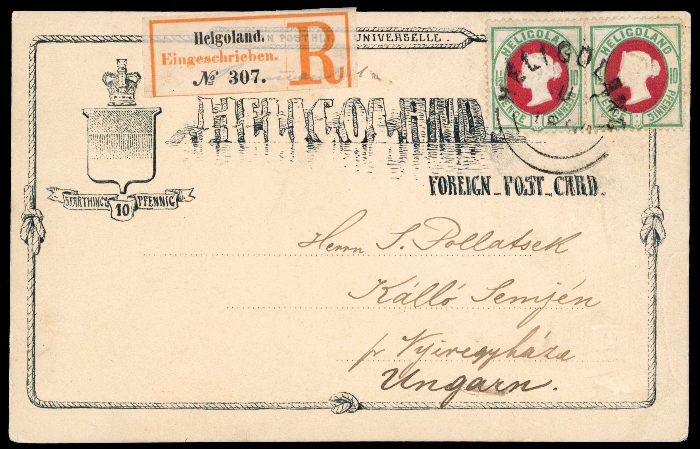 Heligoland SG 14 1890 10pf black postcard sent registered to Hungary