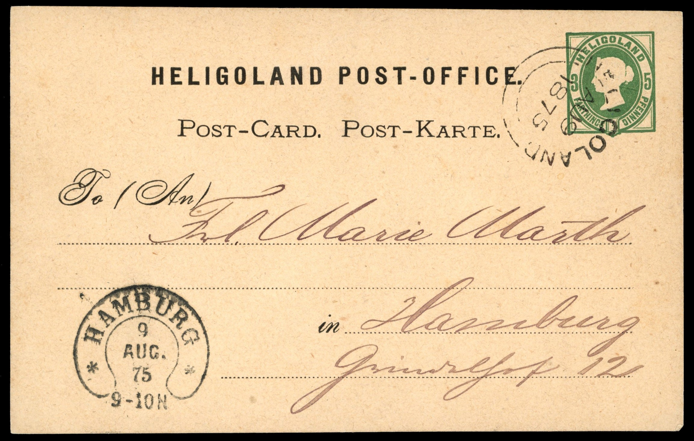 Heligoland 1875 Cover 3pf green postcard used to Hamburg