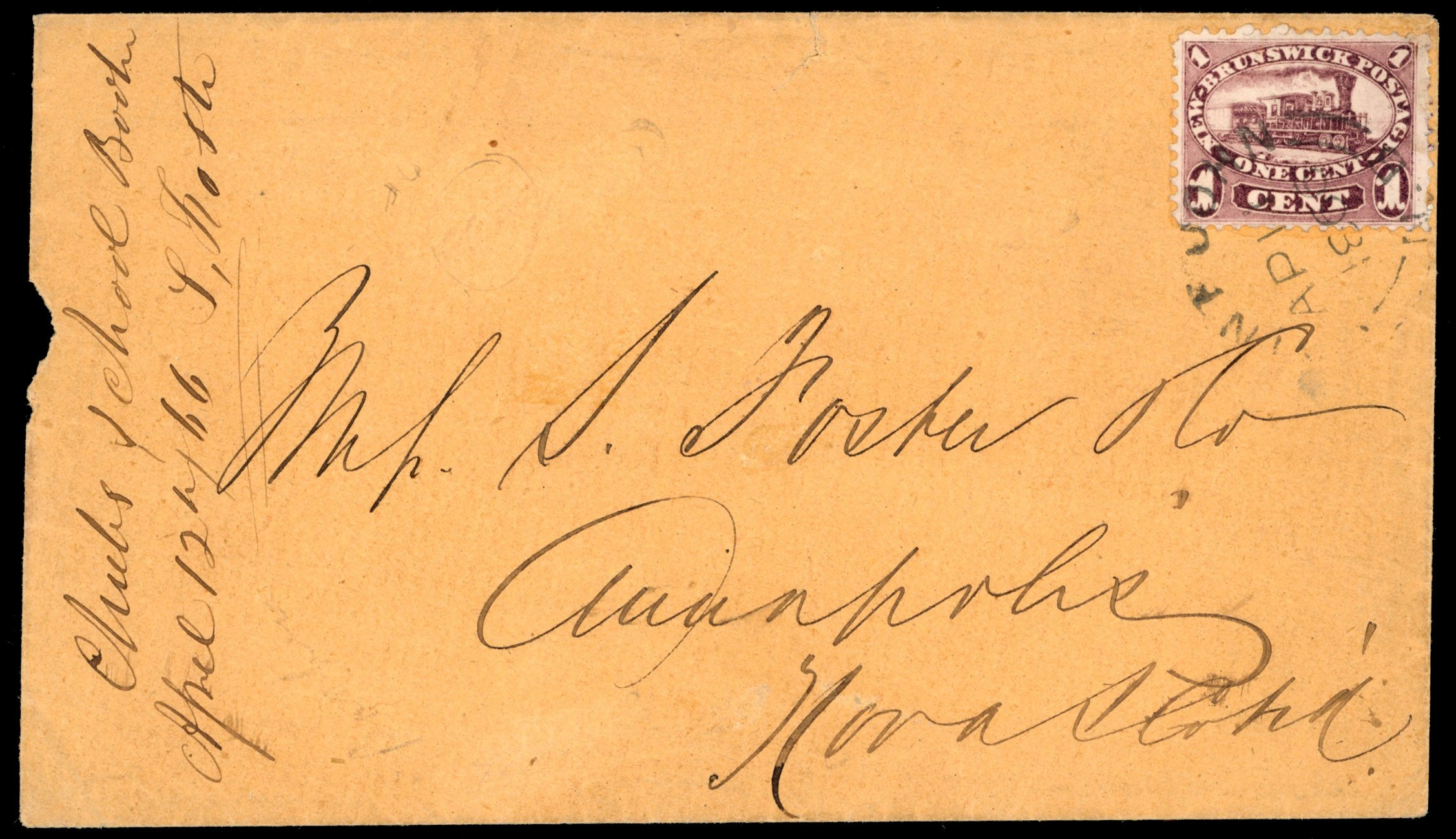 New Brunswick SG 8 1866 cover from St John to Nova Scotia with 1860-63 1c Locomotive