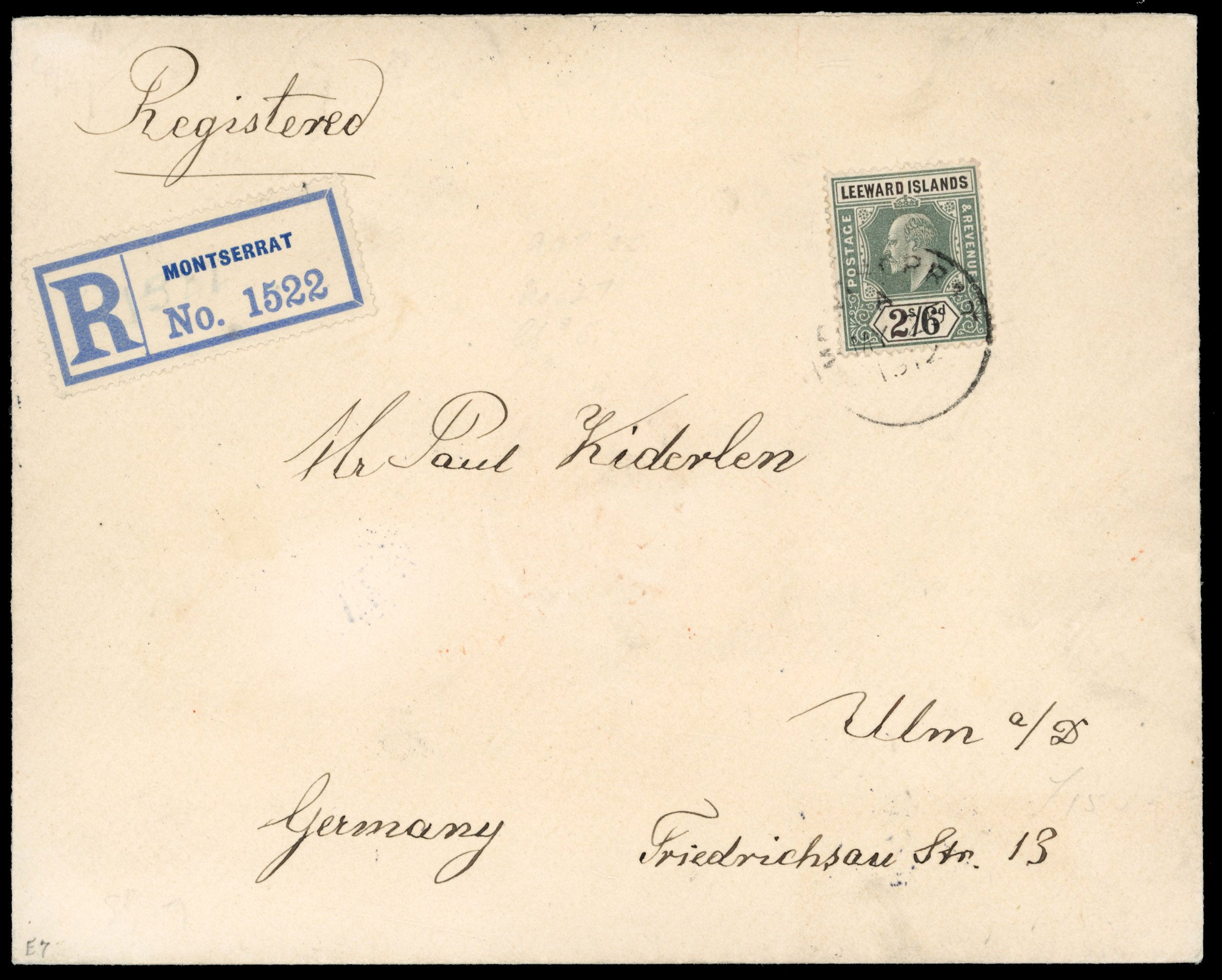 Leeward Islands SG 27 1912 registered cover from Montserrat to Germany