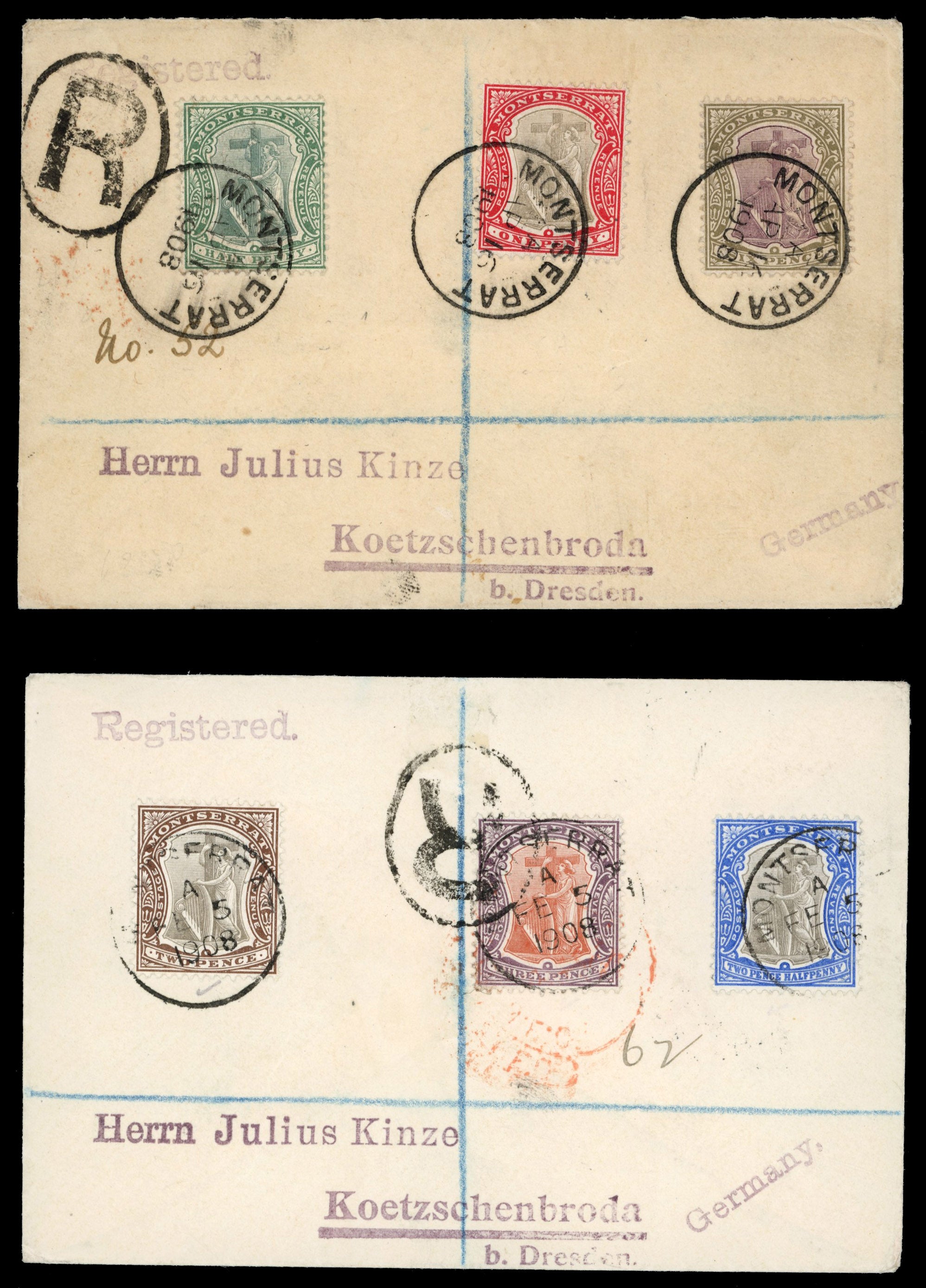Montserrat SG 14/30 btwn 1908 group of four registered covers to Germany with 1903 or 1904-08 values to 2s