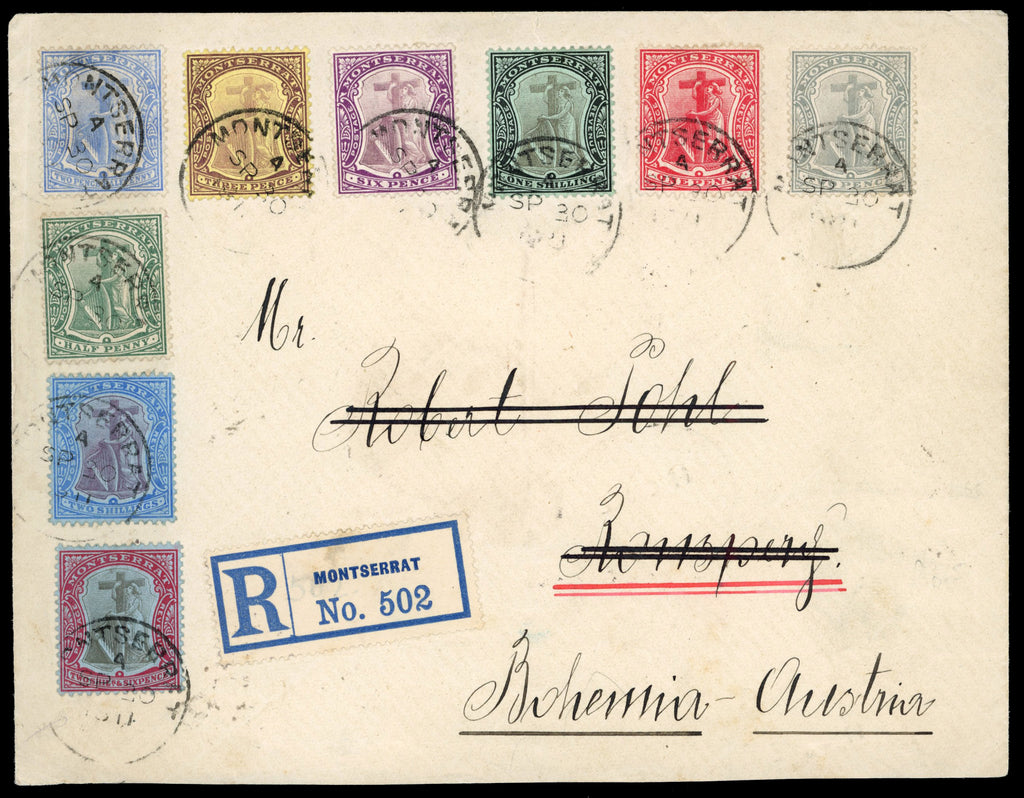 Montserrat SG 35/46 1911 registered cover to Bohemia with 1908-14 set to 2s6d