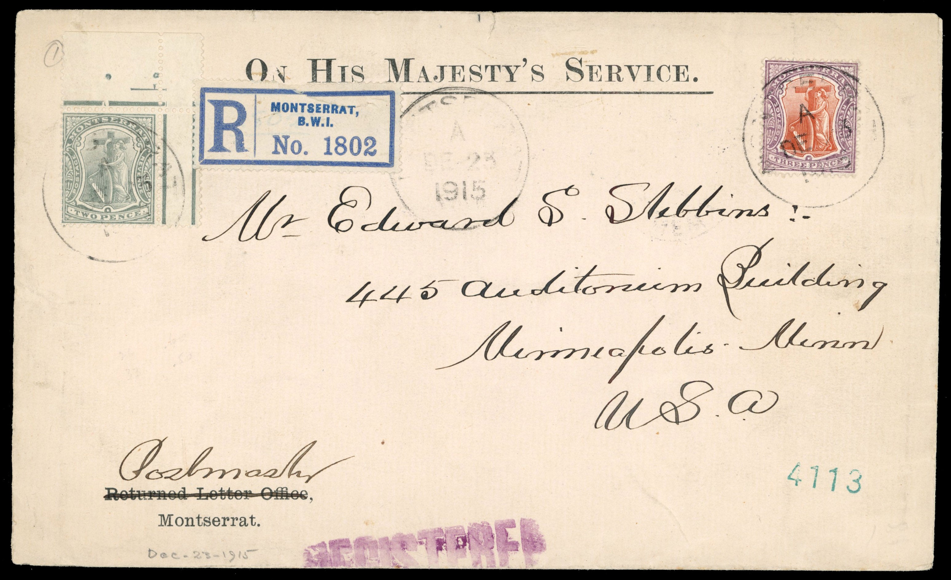 Montserrat SG 28a, 38 1915 registered OHMS cover to USA with 1908-14 2d greyish slate