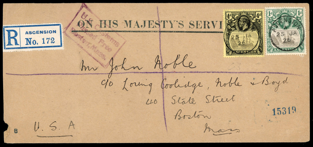 Ascension SG 11, 15 1926 registered OHMS cover to Boston with US Customs auxilliary marking