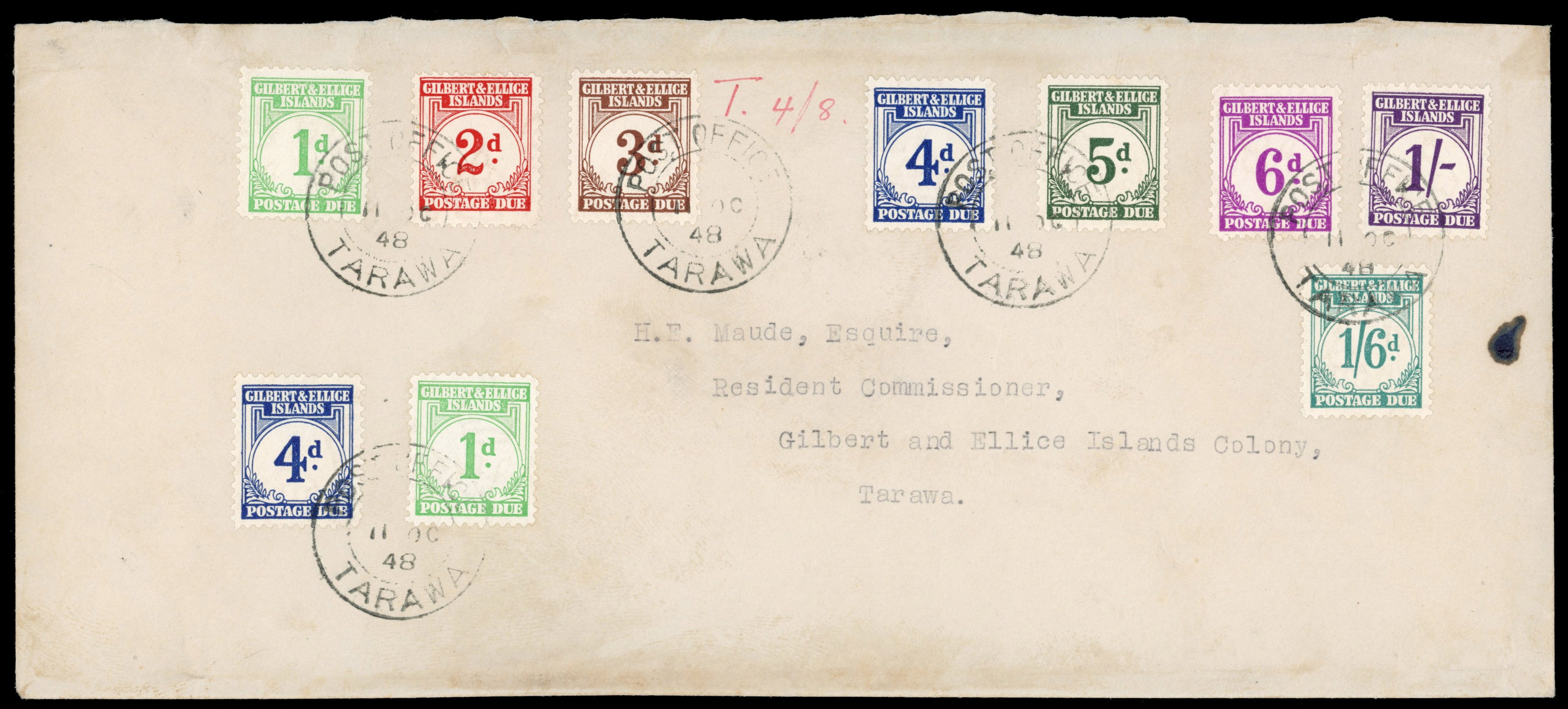 Gilbert and Ellice Islands SG D1/D8 Cover 1940 set of 8 plus additional 1d, 4d