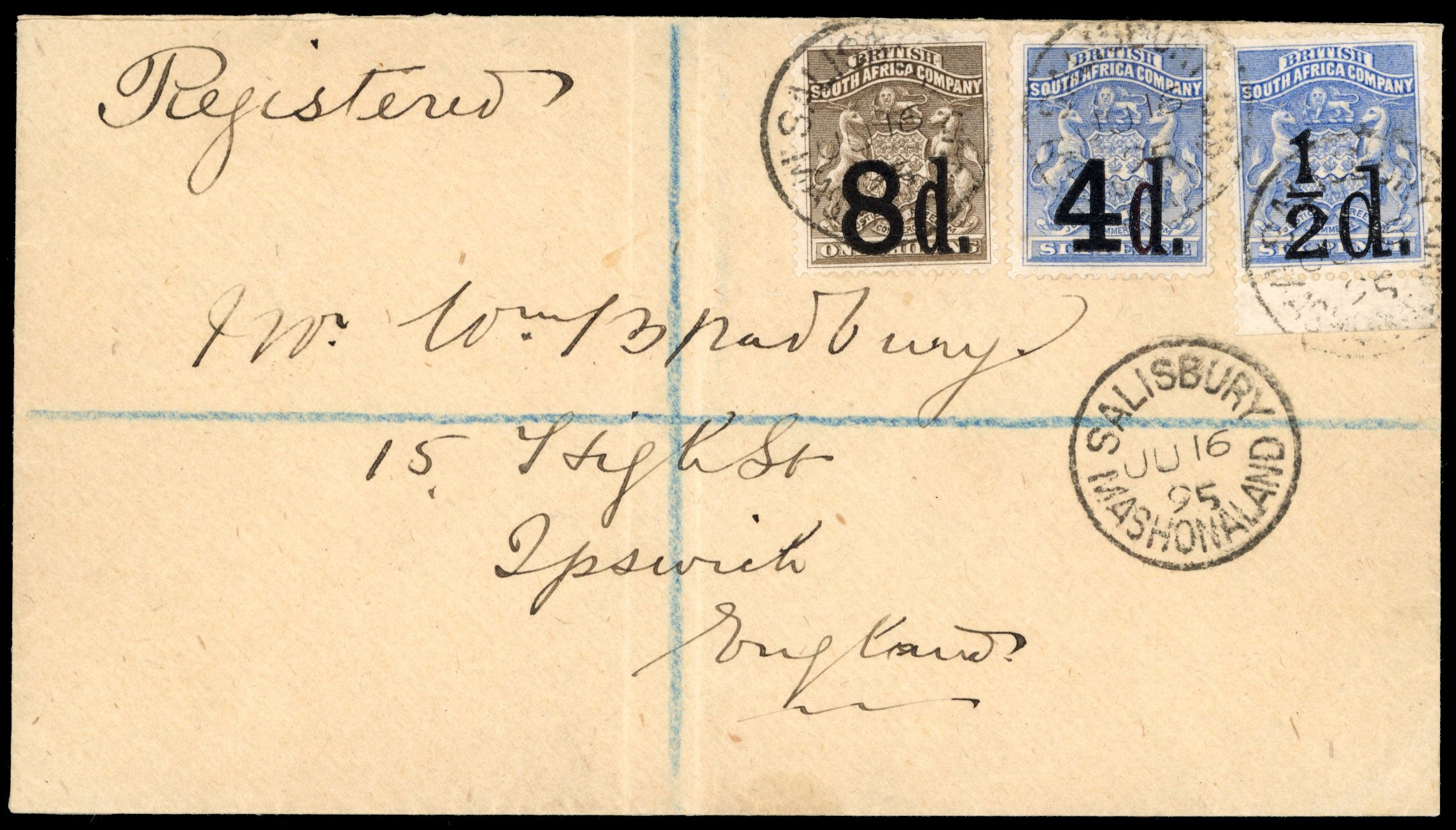 Rhodesia SG 7, 14, 16, 17 1895 registered cover to Ipswich with 1892 surcharges ½d on 6d, 4d on 6d, 8d on 1s