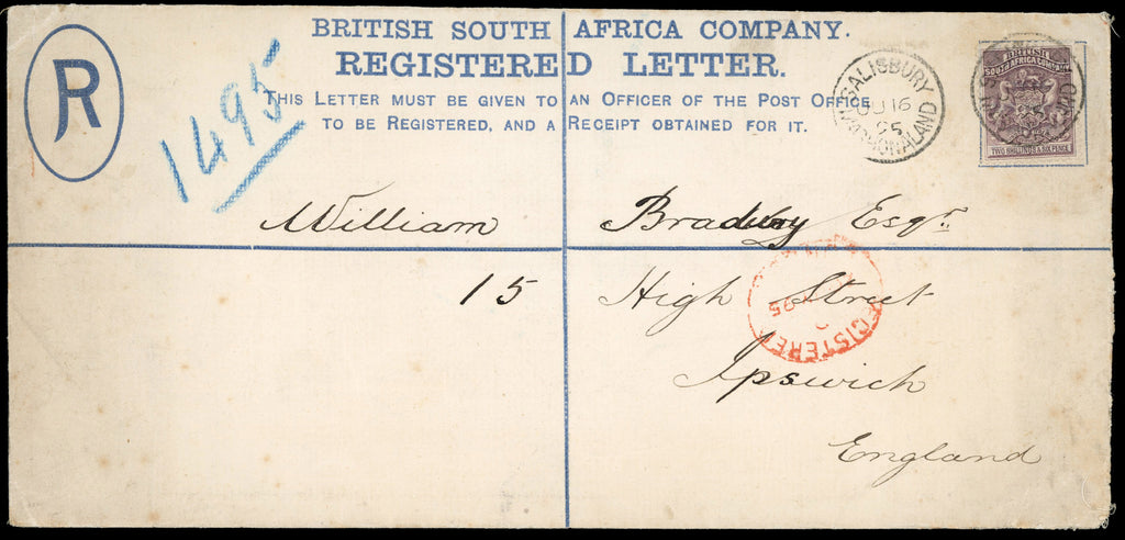 Rhodesia SG 7, 14, 16, 17 1895 registered cover to Ipswich with 1892 surcharges ½d on 6d, 4d on 6d, 8d on 1s