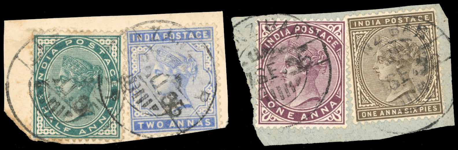 Zanzibar SG Z100, Z102/104 Used 1882-90 India ½a, 1a, 1a6p, 2a with type Z7 cancel