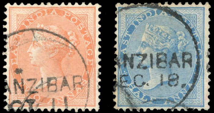 Zanzibar SG Z26, Z29 Used 1865 India 2a brown-orange, 1873 India ½a blue with type Z3 cancel
