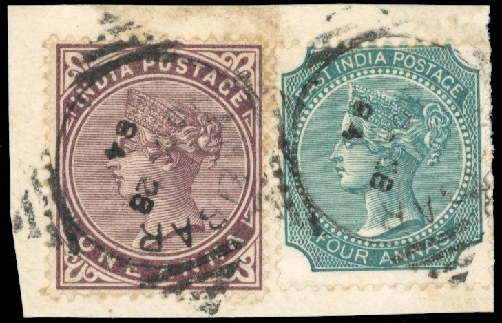 Zanzibar SG Z41a, Z47 Used 1866-78 India 4a blue-green, 1882-86 1a brown-purple with type Z4 cancel
