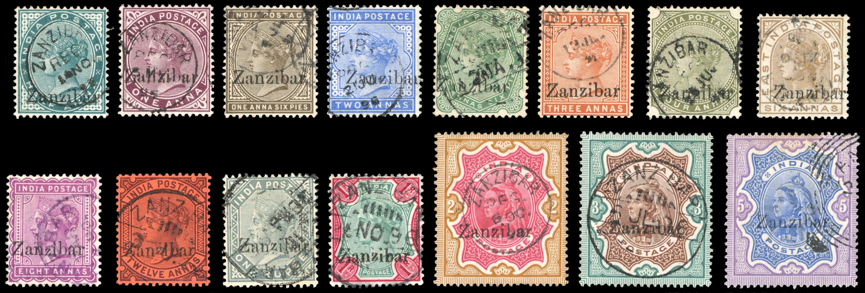 Zanzibar SG 3/21 Used 1895-96 set of 15 to 5r