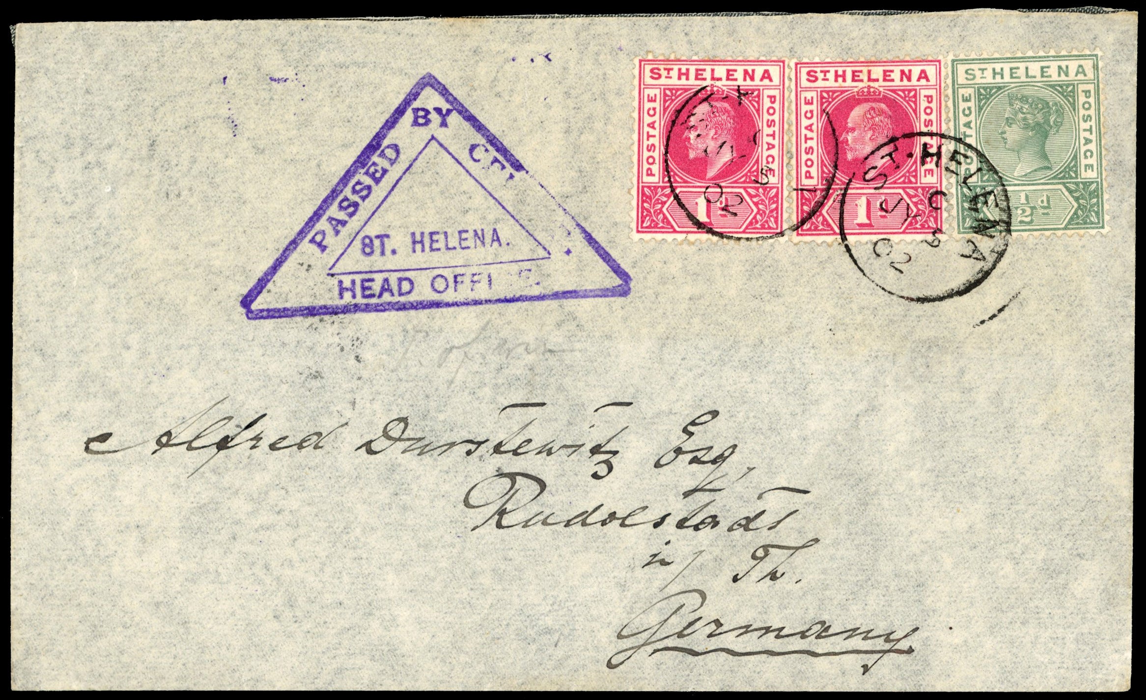 St Helena SG 46, 54 1902 censored Boer War cover to Germany