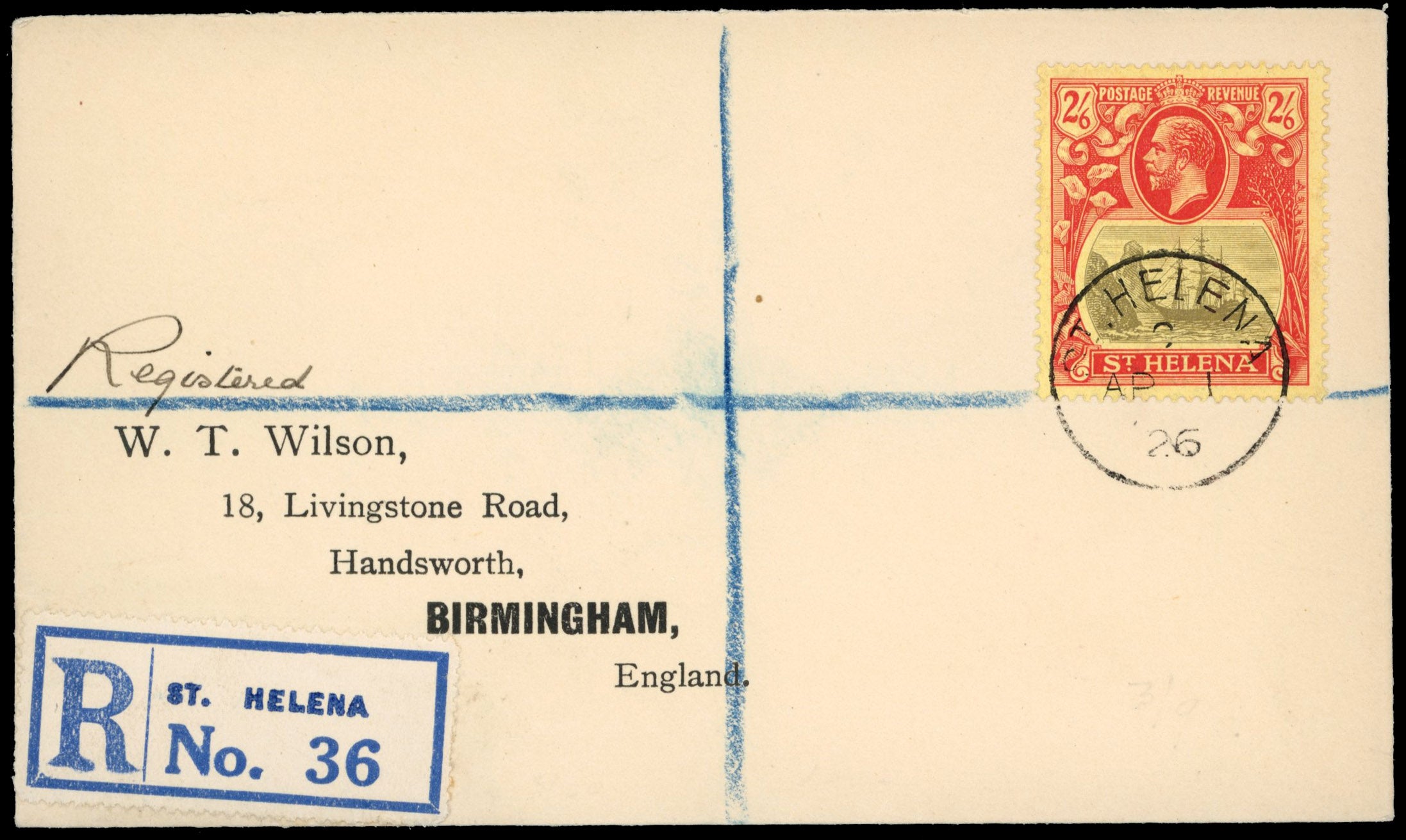 St Helena SG 94 1926 registered cover to England with 1922-37 2s6d watermark MCA