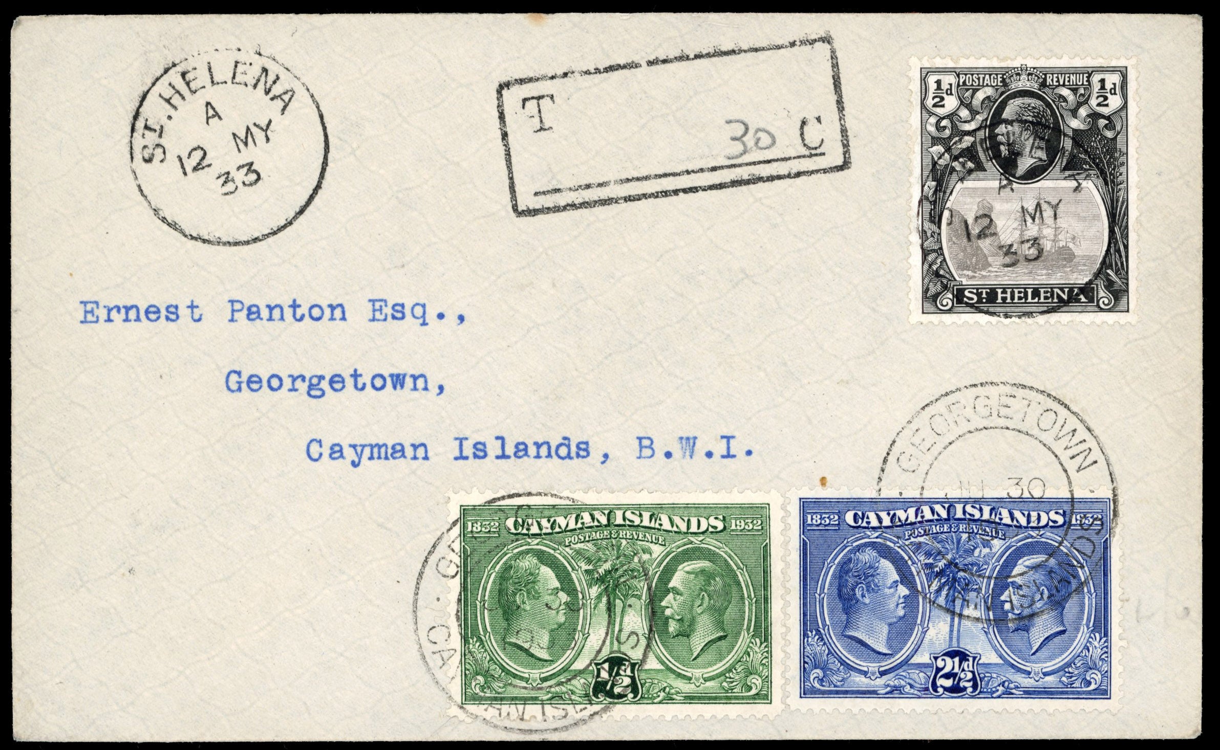 St Helena SG 97 1933 Panton cover to Cayman Islands
