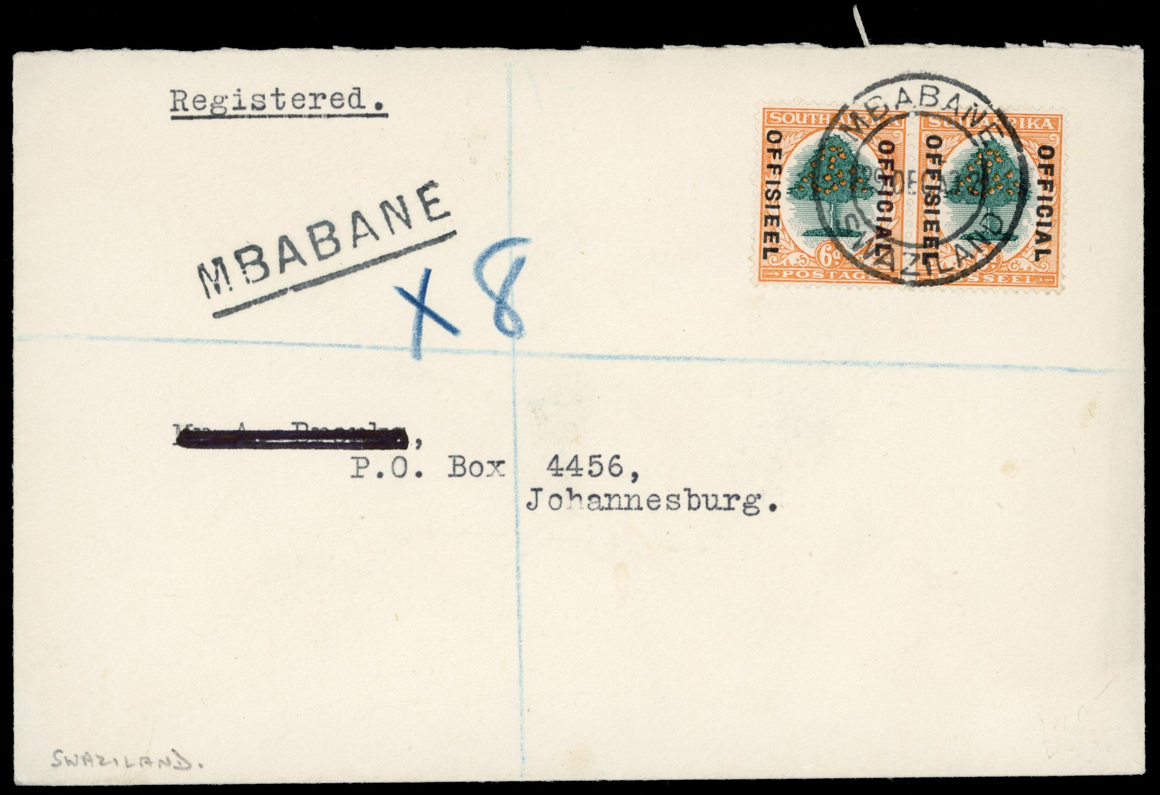 Swaziland 1932 registered cover franked by South Africa 1930-47 Official 6d green and orange pair