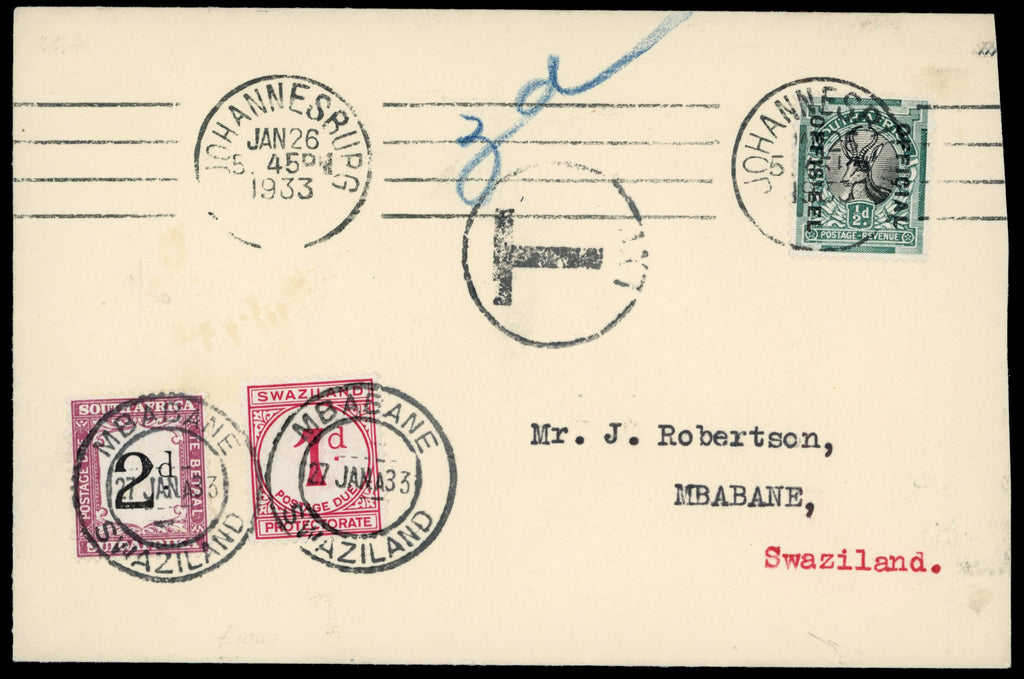 Swaziland SG D1 1933 incoming postage due cover from South Africa
