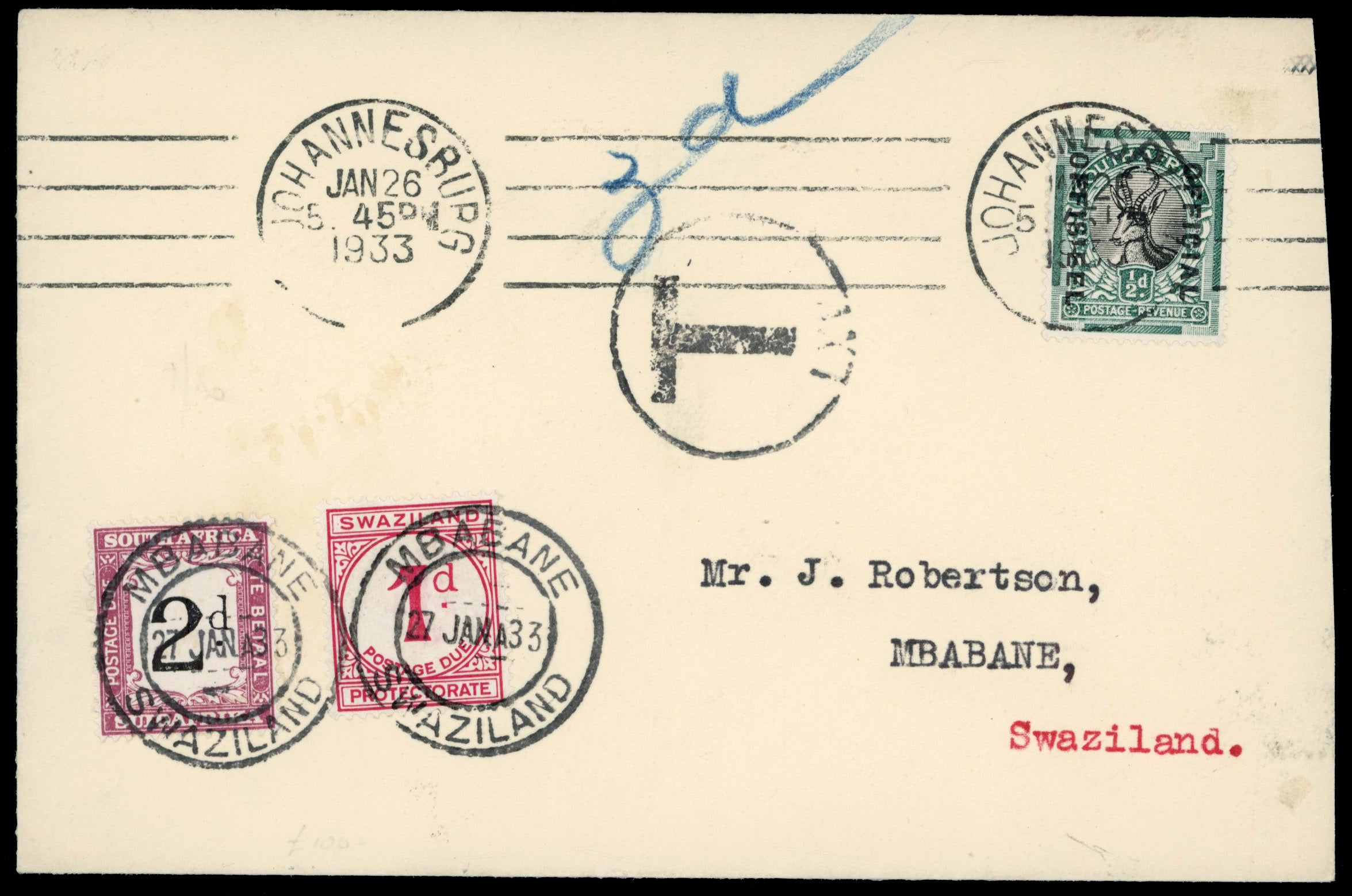 Swaziland SG D1 1933 incoming postage due cover from South Africa