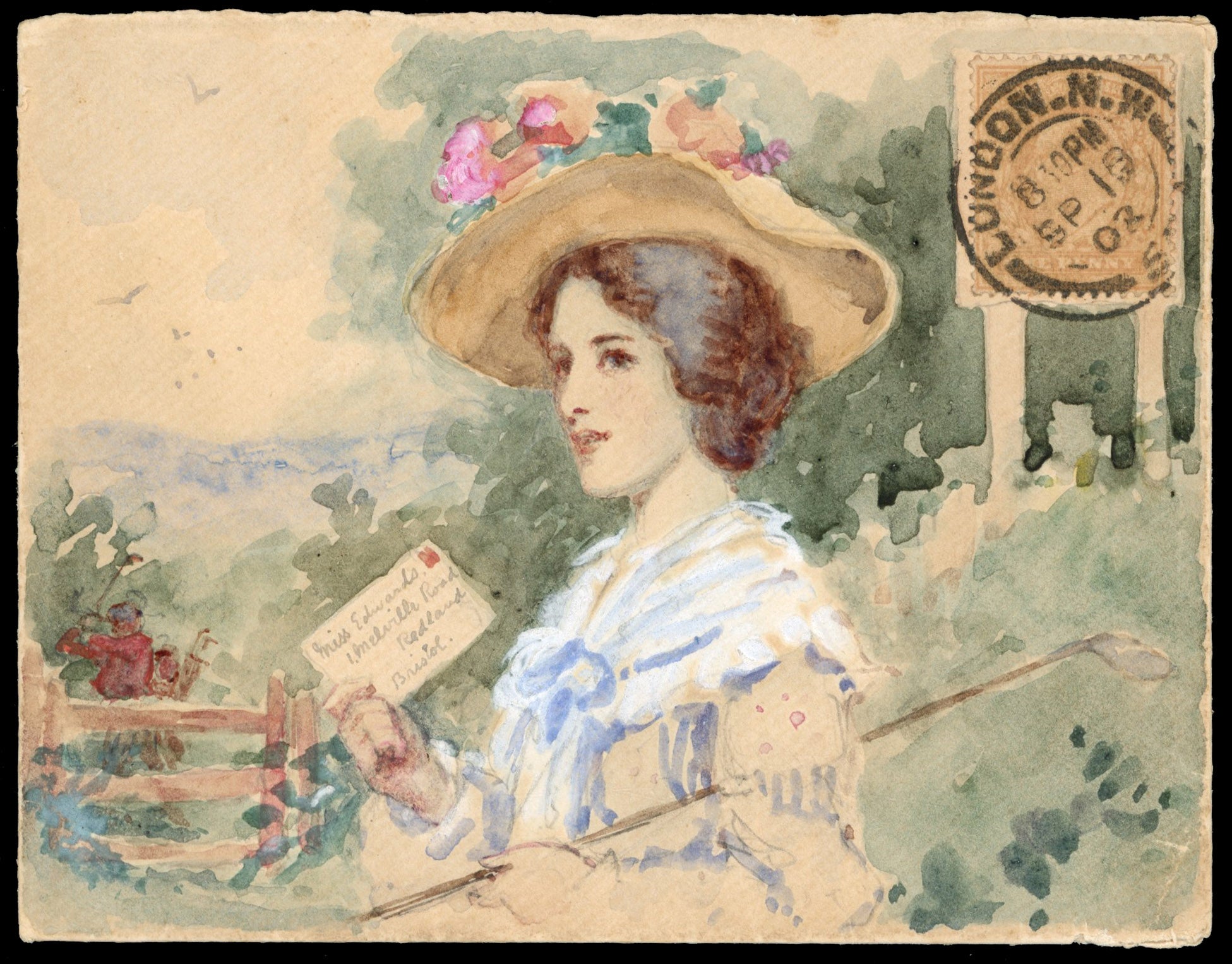 Great Britain SG 219 Cover 1902 hand painted envelope by George Henry Edwards from London to Bristol