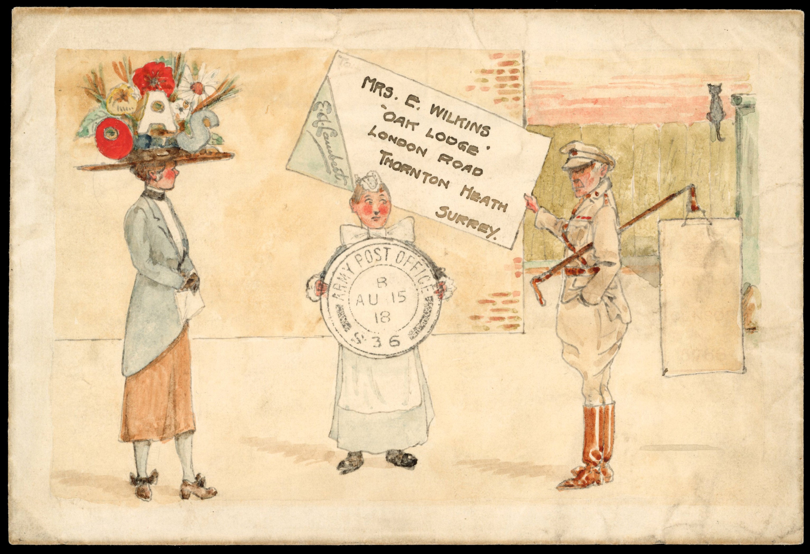 Great Britain 1918 hand illustrated On Active Service cover to Surrey