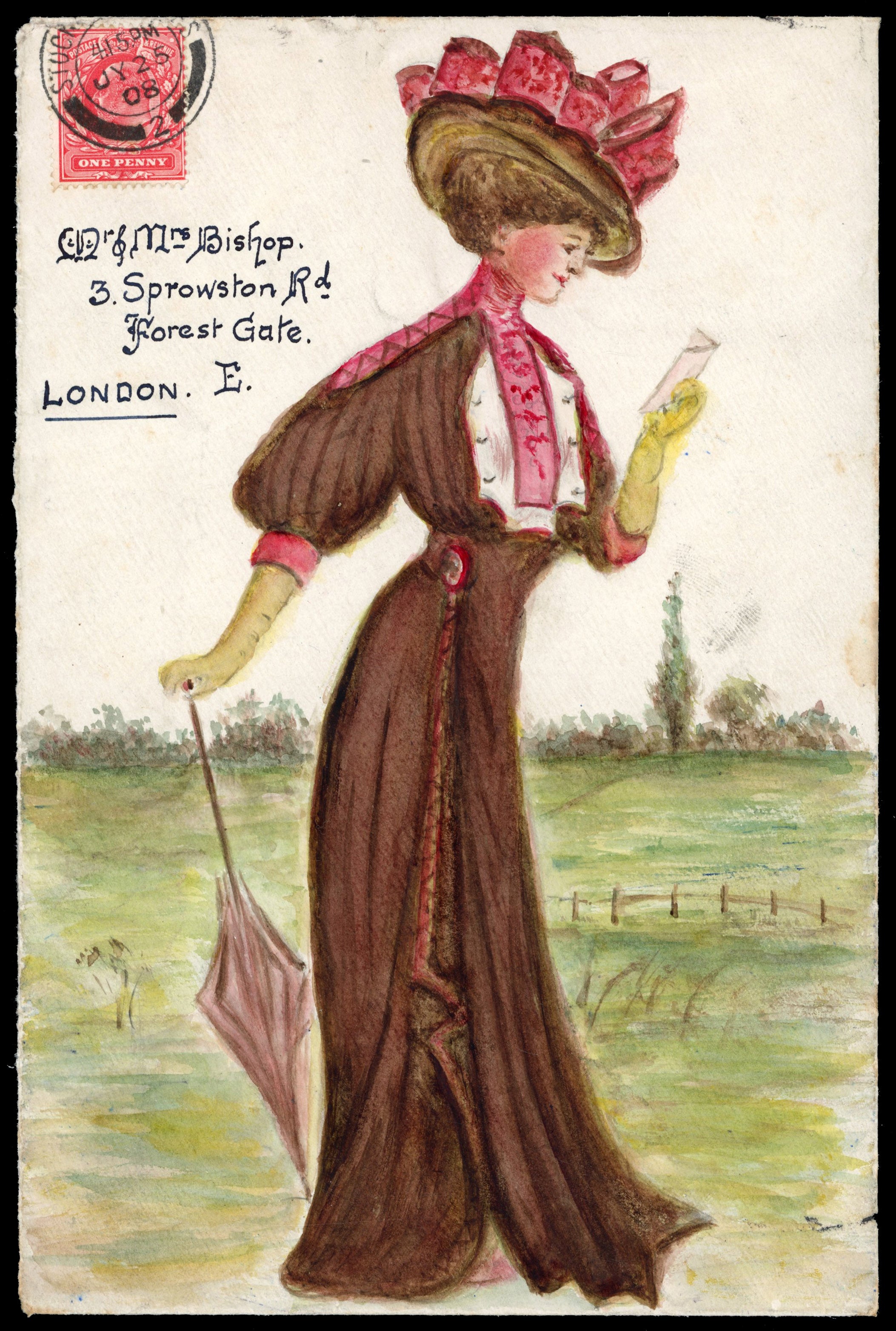 Great Britain SG 219 Cover 1908 hand painted envelope from Stockton to London