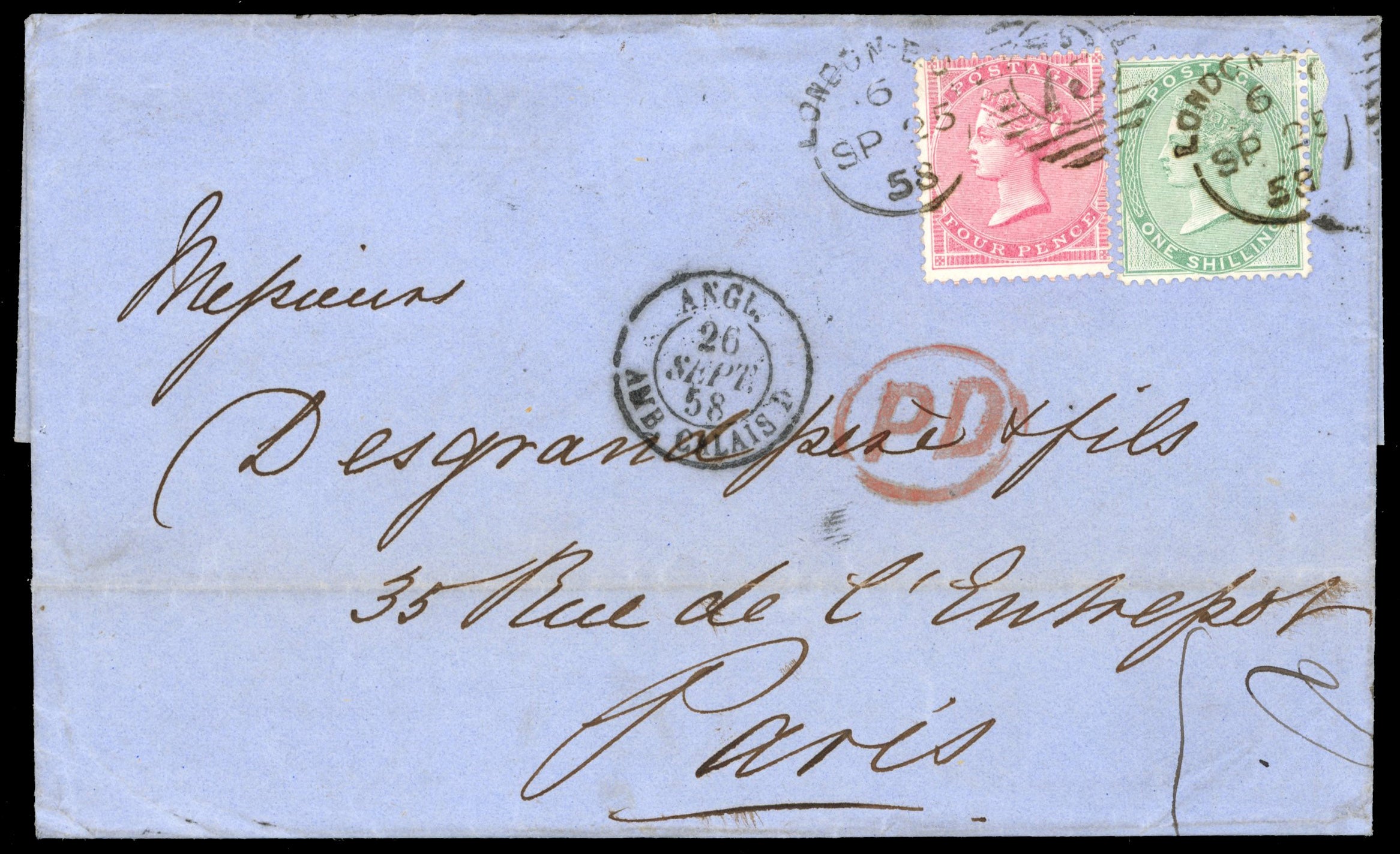 Great Britain SG 66, 73 Cover 1858 entire to Paris with 1855-57 4d, 1s