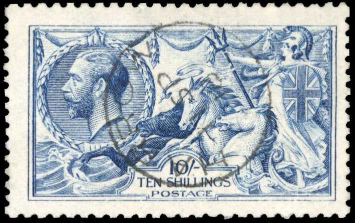 Great Britain SG 411 Used 1915 10s deep blue Sea Horses DLR printing