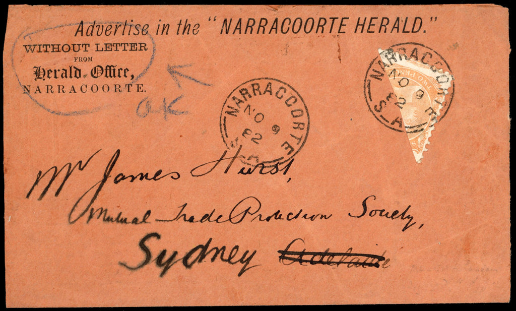 South Australia SG 168 var 1882 cover from Narracoorte to Adelaid with 1876-1904 2d bisect