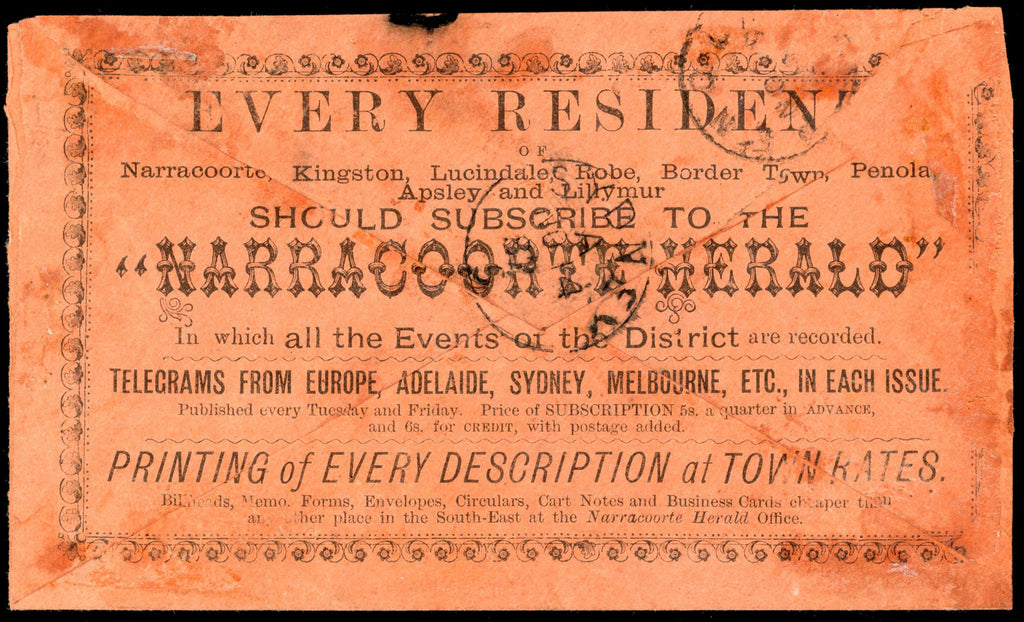 South Australia SG 168 var 1882 cover from Narracoorte to Adelaid with 1876-1904 2d bisect