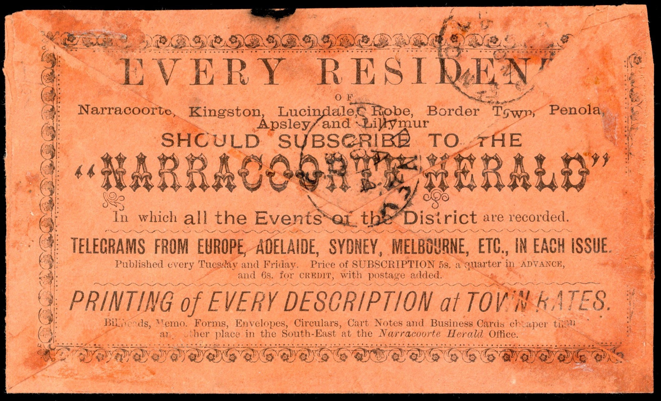 South Australia SG 168 var 1882 cover from Narracoorte to Adelaid with 1876-1904 2d bisect