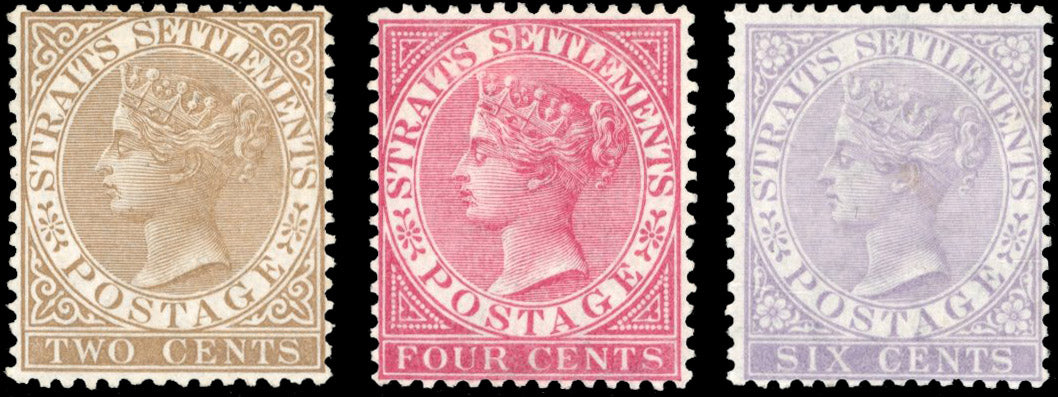 Malaya Straits Settlements SG 11, 12a, 13 Mint 1867-72 2c, 4c, 6c watermark Crown CC