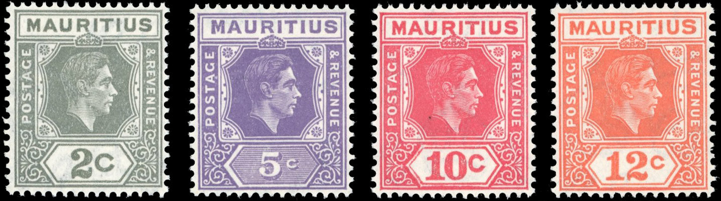 Mauritius SG 252b/57d Unmounted Mint 1938-49 KGVI 2c, 5c, 10c, 12c perf 15x14