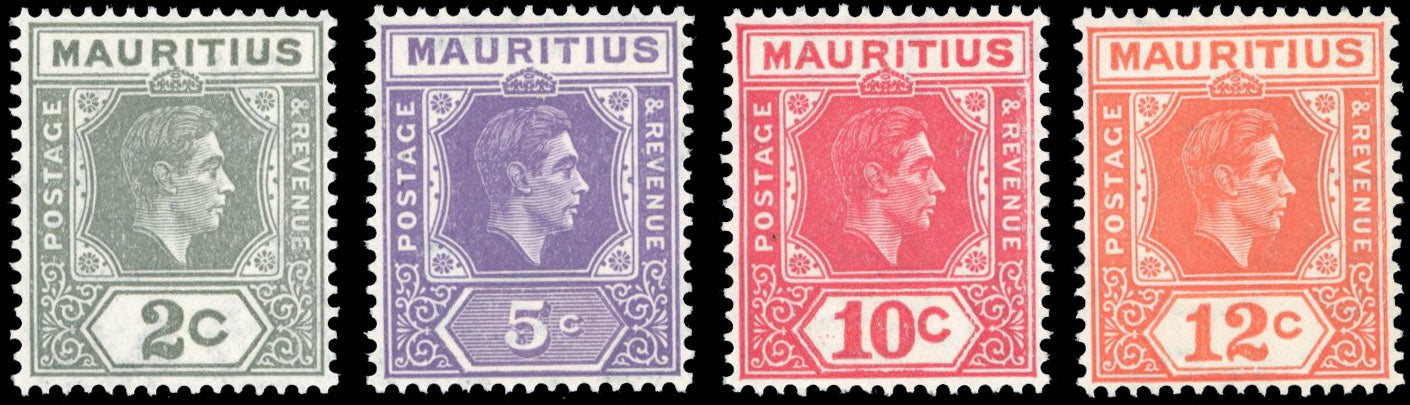 Mauritius SG 252b/57d Unmounted Mint 1938-49 KGVI 2c, 5c, 10c, 12c perf 15x14