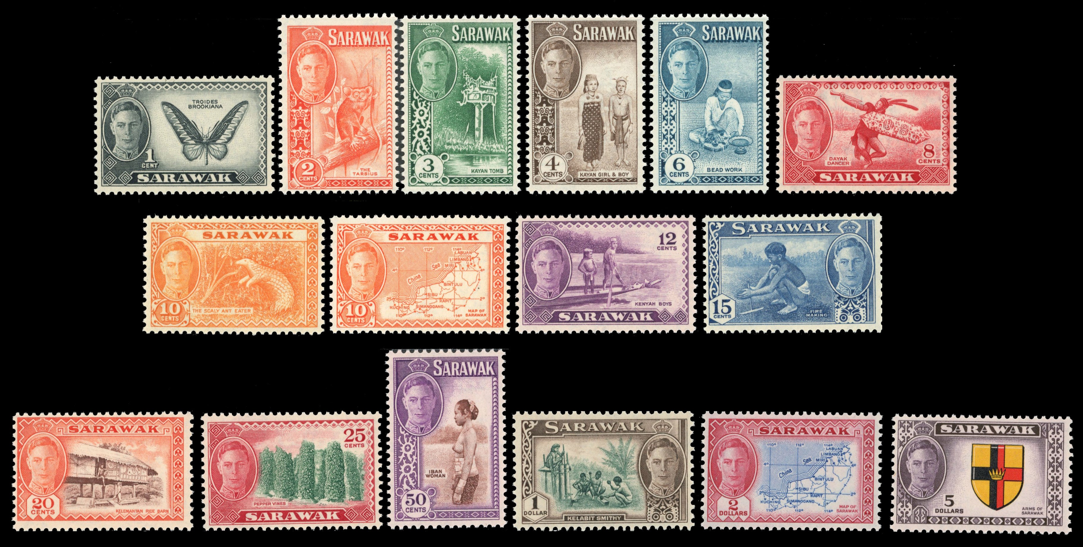 Sarawak SG 171/85, 186 Unmounted Mint 1950 set of 15 plus 1952 10c Map
