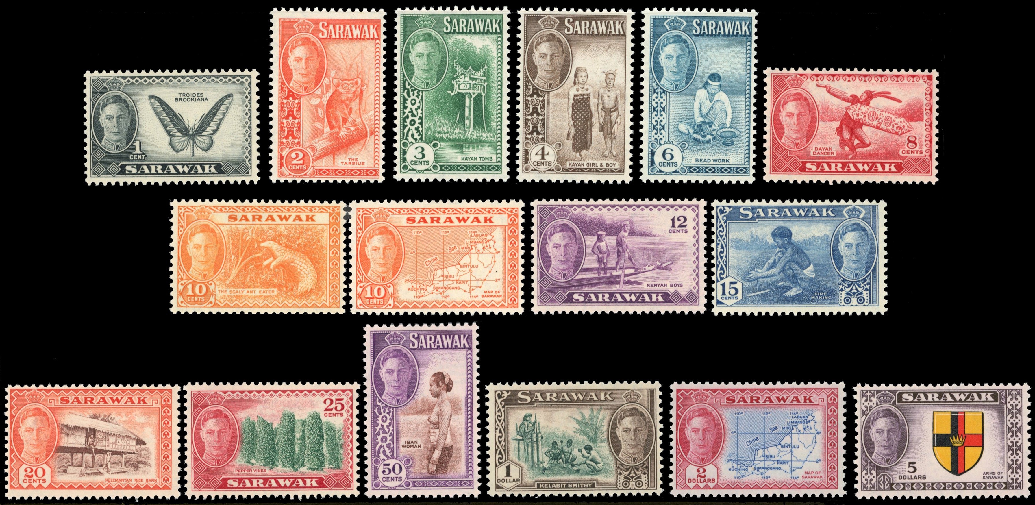 Sarawak SG 171/85, 186 Unmounted Mint 1950 set of 15 plus 1952 10c Map
