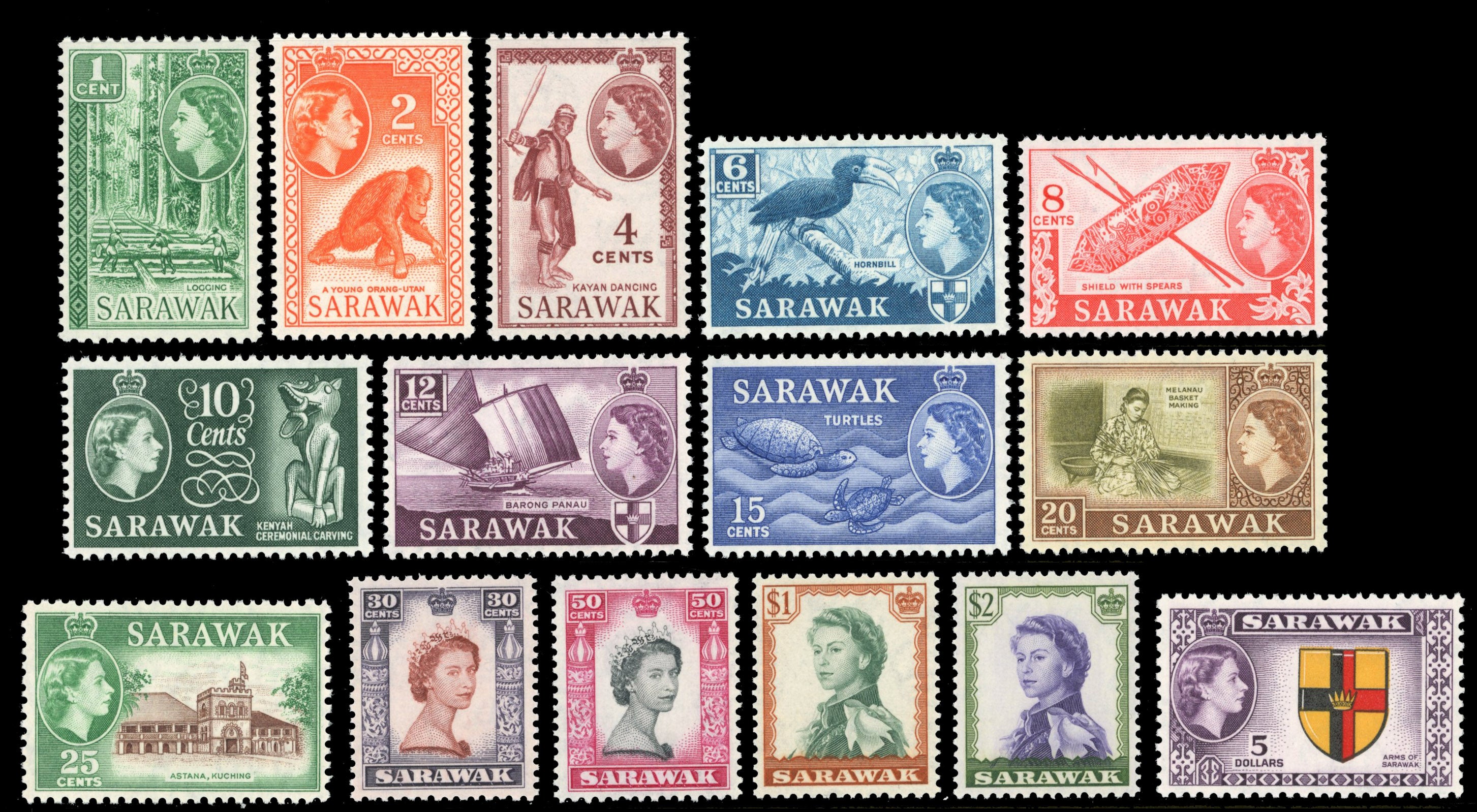 Sarawak SG 188/202 Unmounted Mint 1955-59 QEII set of 15