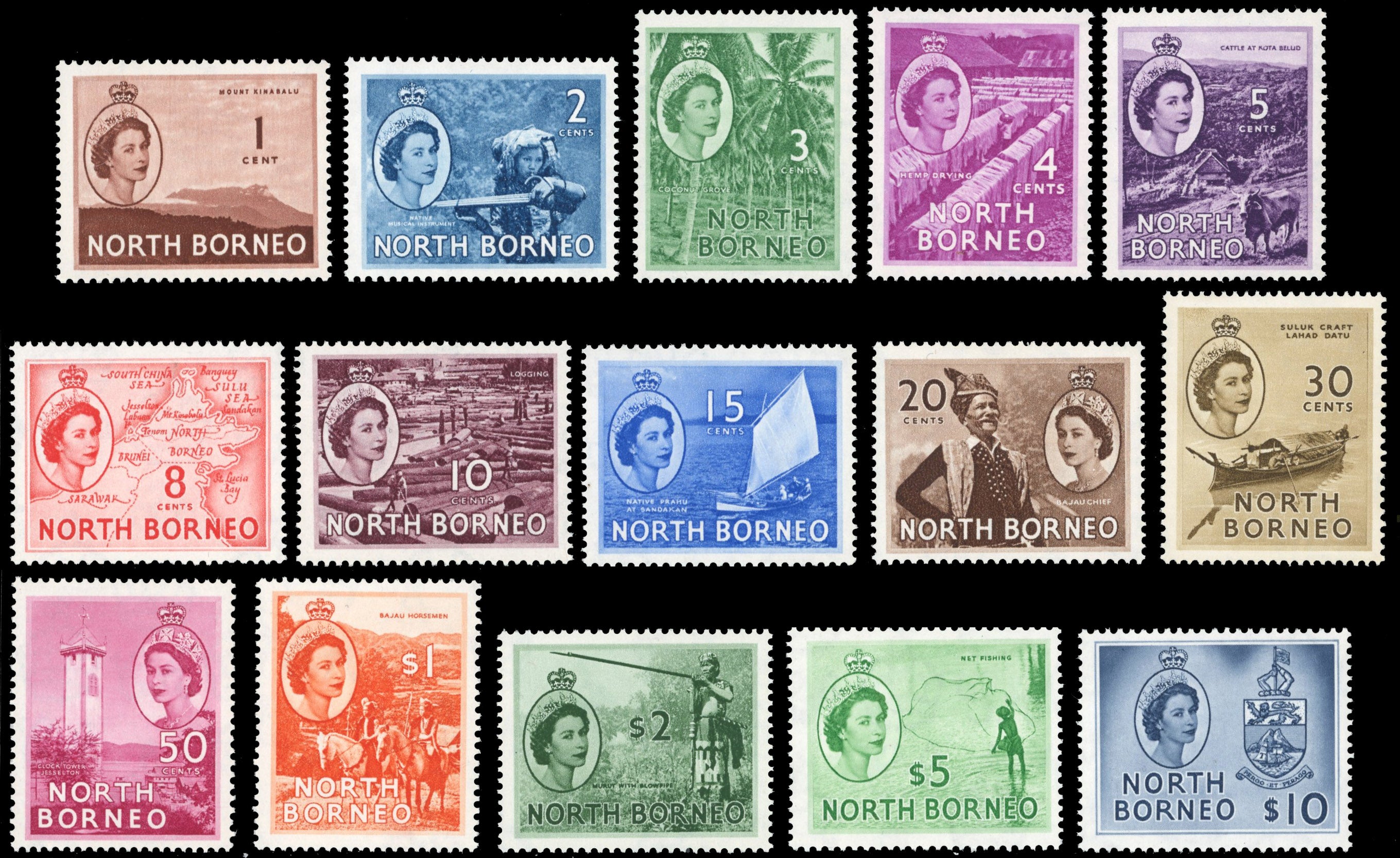 North Borneo SG 372/86 Unmounted Mint 1954-59 QEII set of 15