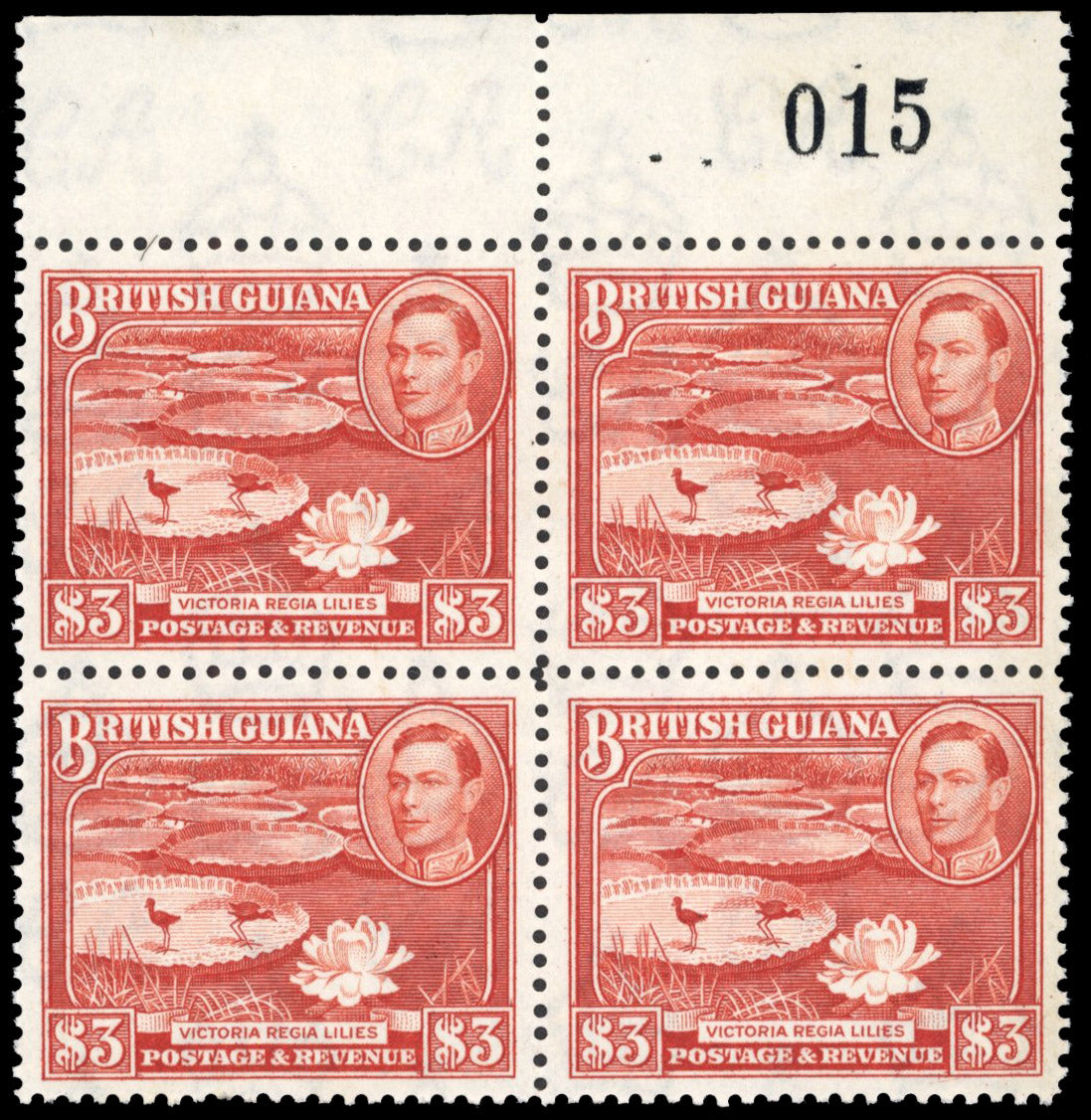British Guiana SG 319a Mint 1938-52 $3 bright red-brown sheet number block