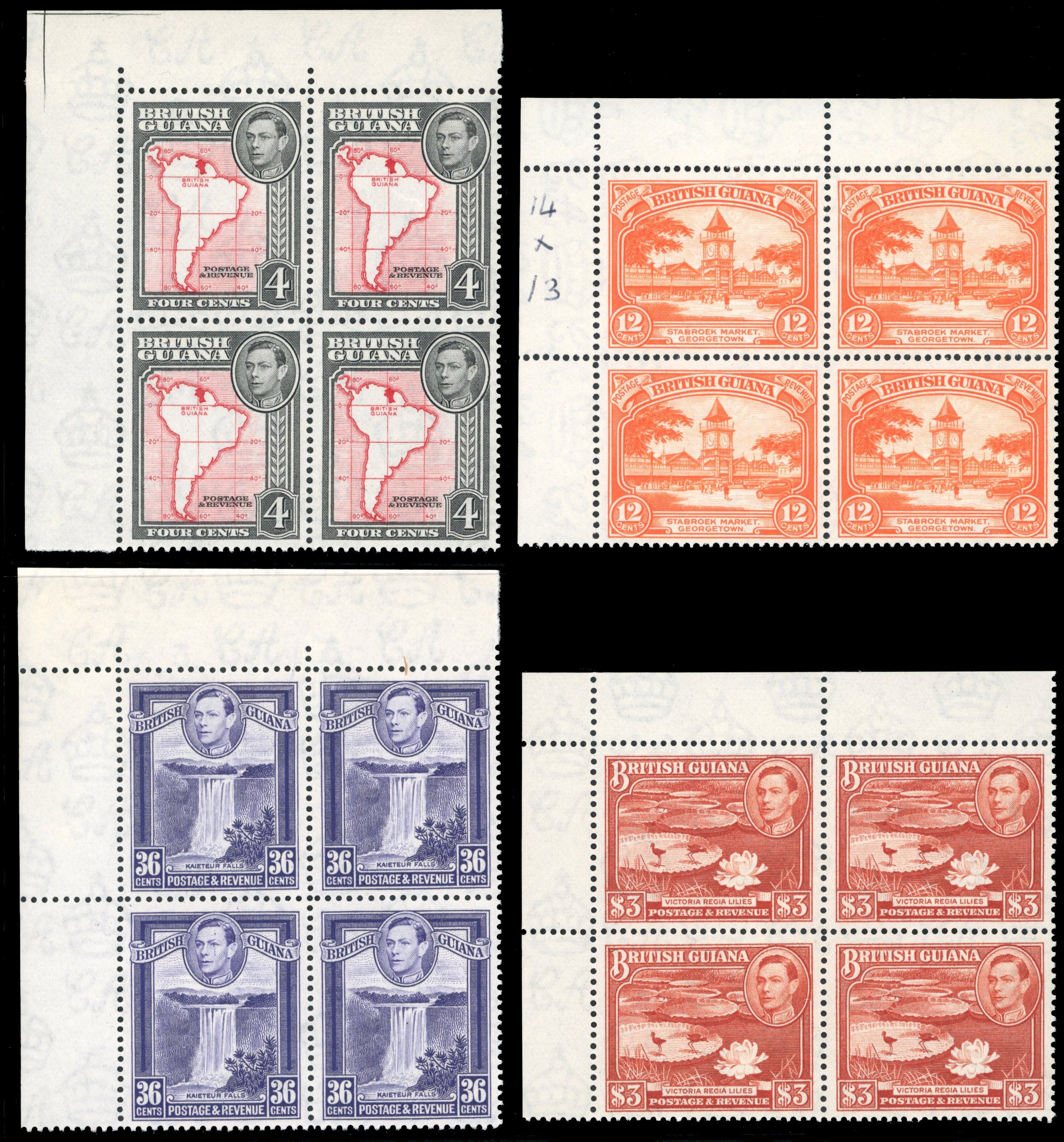 British Guiana SG 293a, 310b, 313a, 319b Mint 1938-52 perf 14x13 vals to $3