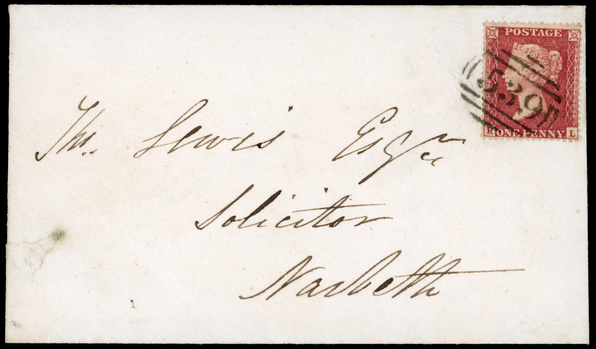 Great Britain SG 36 Cover 1856-58 1d rose-red plate 137 tied to local envelope with 539 numeral of Narbeth