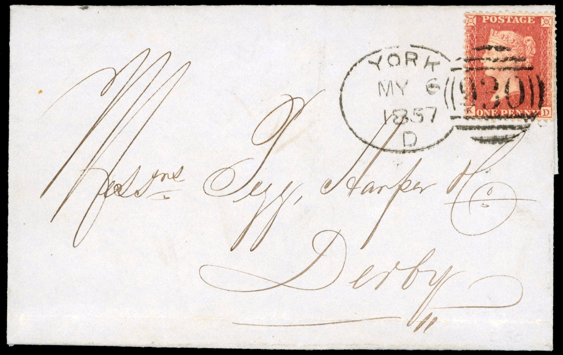Great Britain SG 38 Cover 1856-58 1d pale red plate 43 tied to entire to Derby by York spoon duplex