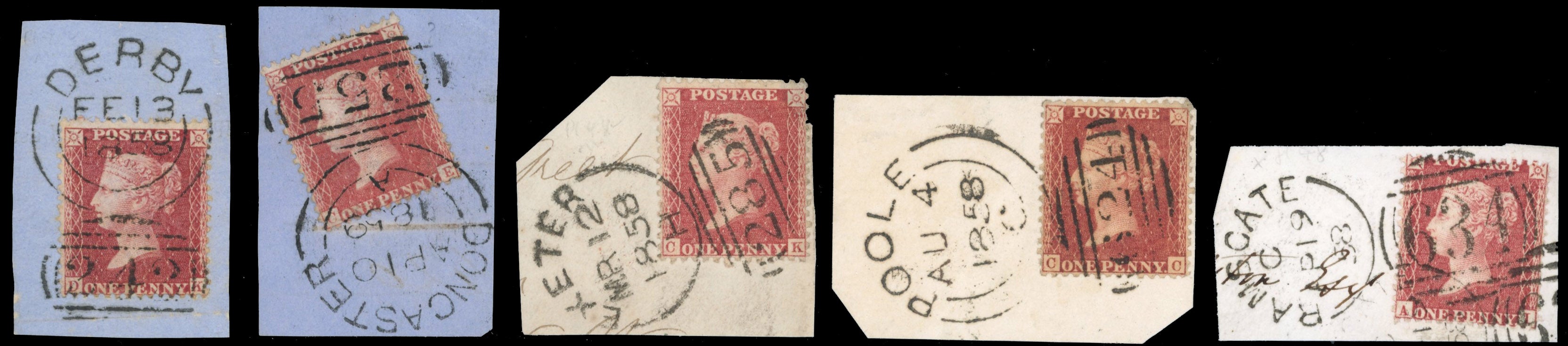 Great Britain SG 40 plate 48 Used 1856-58 1d rose-red x5 with sideways duplex cancels