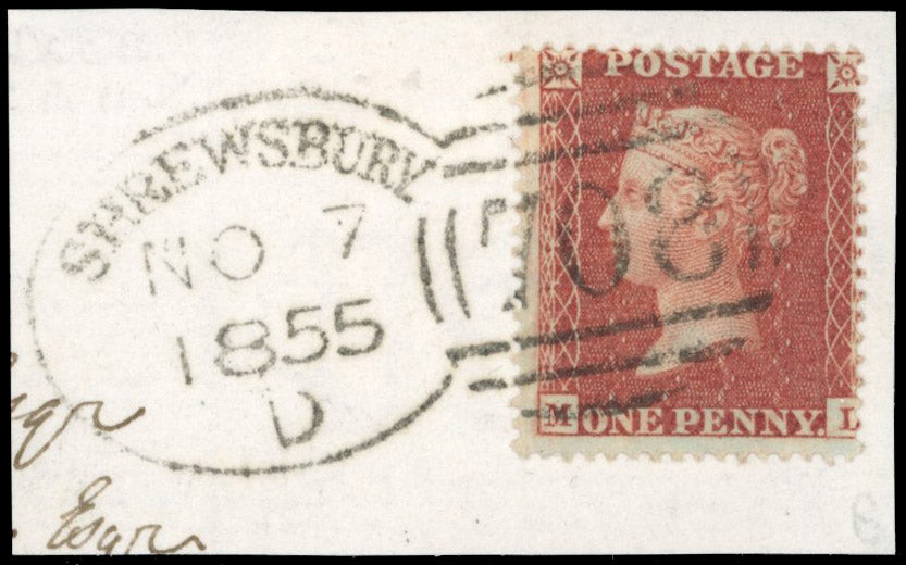 Great Britain SG 21 plate 11 Used 1854-57 1d red-brown lettered ML with Shrewsbury spoon duplex