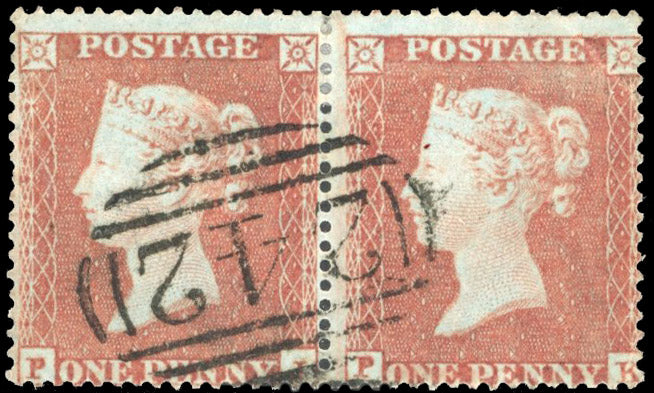 Great Britain SG 17 plate 200 Used 1854-57 1d red-brown pair lettered PJ-PK with single Derby 242 numeral contrary to regulations
