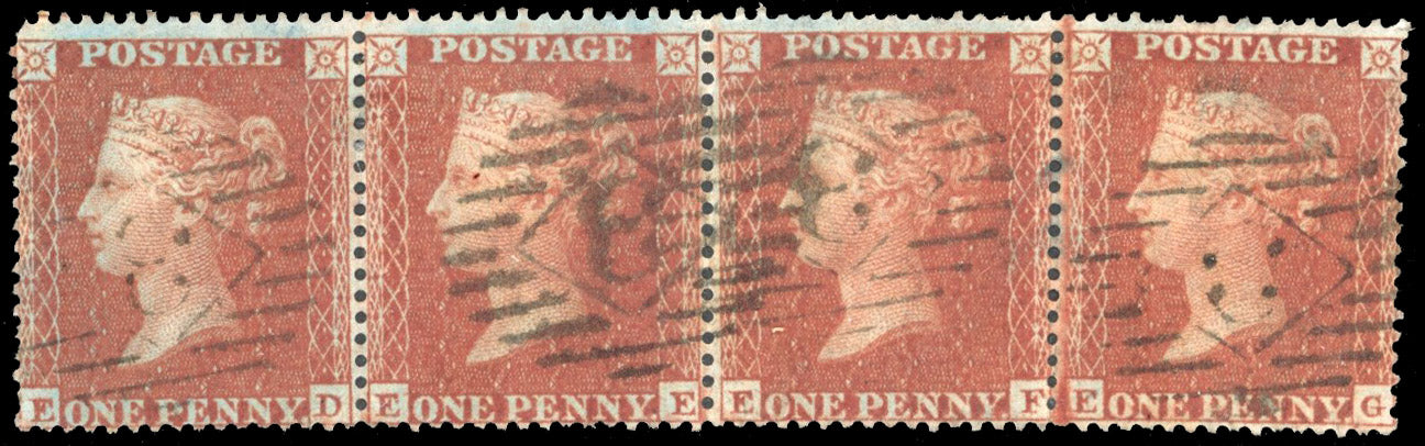 Great Britain SG 21 plate 9 Used 1854-57 1d red-brown strip of 4