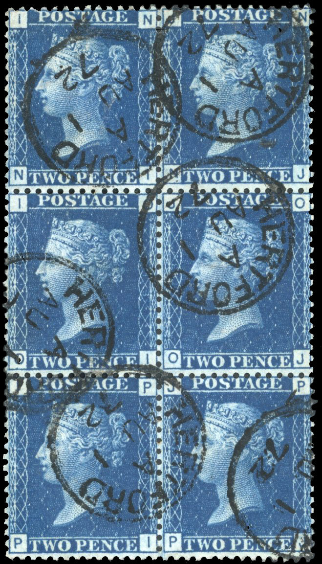 Great Britain SG 47 plate 13 Used 1858-76 2d deep blue block of 6 with Hertford cds