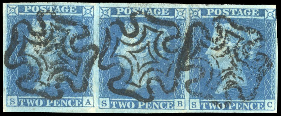 Great Britain SG 14 plate 3 Used 1841-51 2d blue strip with black Maltese Cross cancels