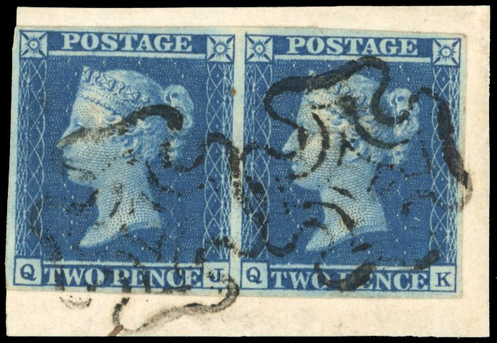 Great Britain SG 14 plate 3 Used 1841-51 2d blue pair with black Maltese Cross cancellations