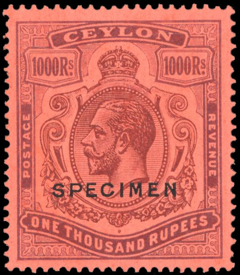 Ceylon SG 323s Unmounted Mint 1912-25 1000r purple/red overprinted specimen